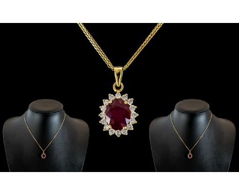 18ct Gold - Excellent Quality and Attractive Ruby and Diamond Set Pendant, Attached to a 18ct Gold Chain. Both Pendant and Ch