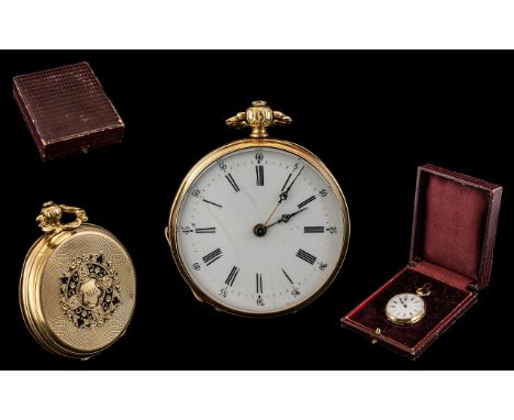 Antique Period - Ladies French 18ct Gold Small Engine Turned Open Faced Key-wind Pocket Watch, with Ornate Black Enamel Set D