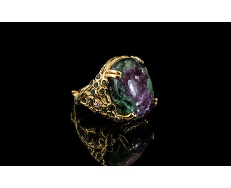 Ruby Zoisite Statement Ring, a 21ct oval cut cabochon of the rarely seen, mysterious, natural stone of forest green with larg