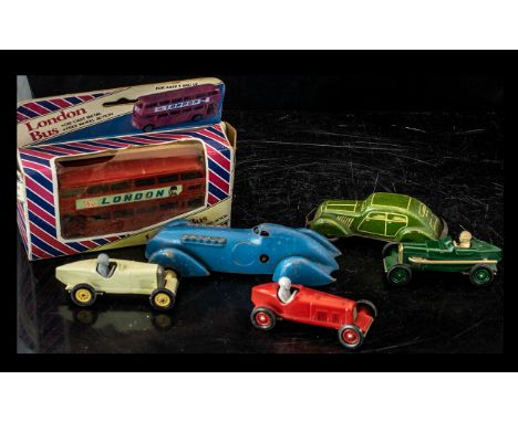 Small Collection of Vintage Die Cast Model Cars, comprising a boxed Persaud London Bus, Chad Valley Wee-Kin Racing Car, and t