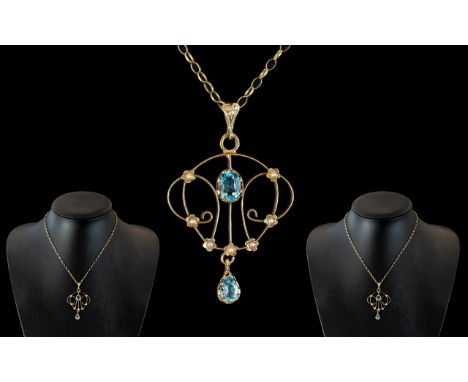 Art Nouveau Attractive 9ct Gold Aquamarine Set Pendant Drop. c.1900. Exquisite Design. Attached to 9ct Gold Chain, Excellent 