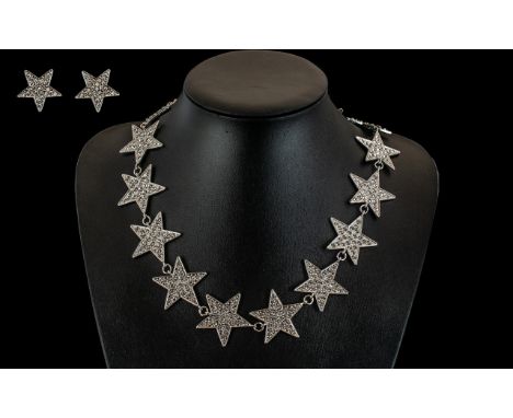 White Crystal Star Necklace and Earrings Set, the striking necklace of large, evenly matched stars, fully set with brilliant 