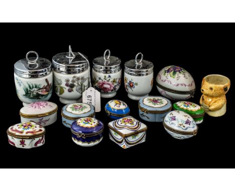 Small Mixed Lot of Porcelain, to include ten Limoges pill boxes of various shapes, mostly with metal bands, four Worcester co