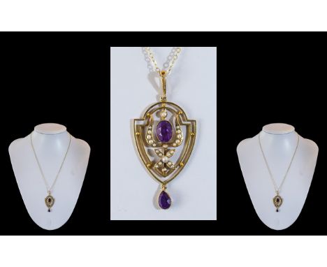 Victorian Period - Exquisite 15ct Gold Amethyst and Seed Pearl Shield Shaped Pendant / Drop of Wonderful Design. Marked 15ct.