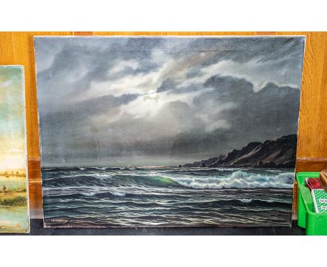 Large Seascape at Night, oil on canvas, overall size 36" x 28".  Signed lower left.  20th Century.