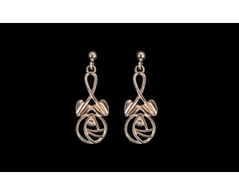 Silver Celtic Scottish Earrings. Lovely Mackintosh Style Set In Silver, Wonderful Design Throughout, Marked for Silver, Good 