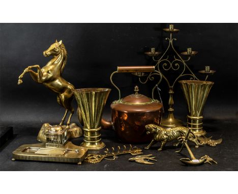 Collection of Brass &amp; Copper Items, including kettle, candelabra, pair of matching vases a 16" rearing horse,  a tiger, a