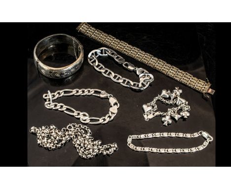 Small Collection of Silver Jewellery, to include two flat curb bracelets, charm bracelet, fancy link bracelet, hinged bangle,