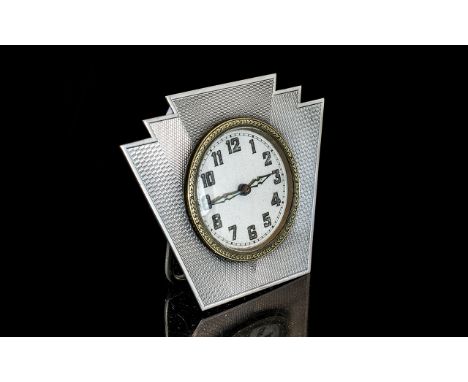 Art Deco Period - Impressive Sterling Silver Small Table Clock In True Art Deco Design Lines. Hallmark Birmingham 1933. Maker