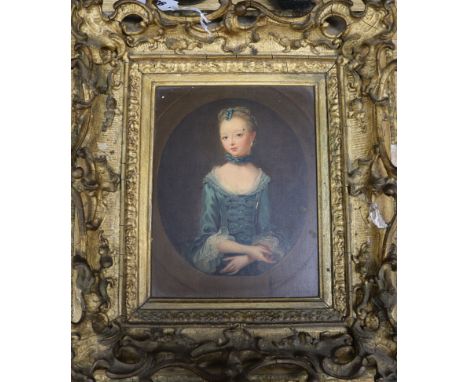 19th century English School, oil on prepared panel, portrait of a young lady wearing a blue dress, 20 x 16cm