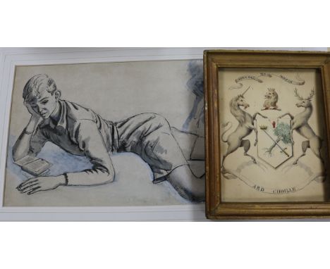 Kathleen Guthrie, sketch of a boy reading and a 19th century watercolour armorial, sketch 25 x 49cm