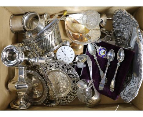 A Victorian repousse silver dish and a quantity of silver and other items including candlestick, caster and spoons.