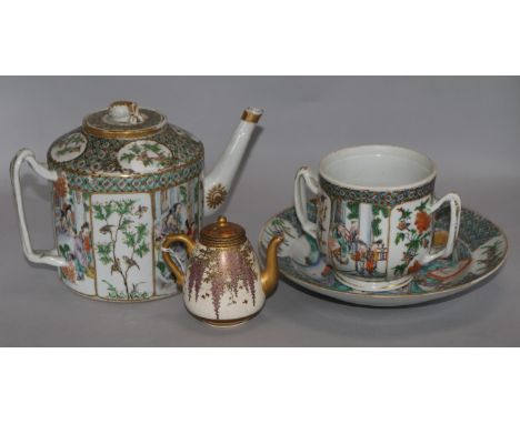 A Satsuma miniature teapot, 3.25in., a late 18th century Chinese famille verte teapot, a plate and a cup