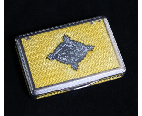 A mid 20th century Austrian 900 standard silver and yellow enamel rectangular snuff box, enamel a.f., 80mm.