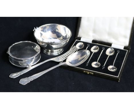 A George V silver trinket box and a sugar bowl, a cased set of silver coffee spoons and a spoon and fork.