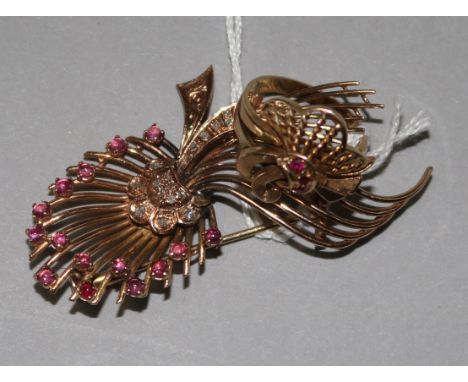 A 1950's gold, rose cut diamond and cabochon ruby set brooch, 56cm and a 14k gold gem set ring.