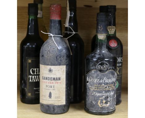 Seven bottles of vintage port, including Duque de Branganca 20 Yrs Old, Sandeman 1970, Dominic's Charter Tawny, Taylor's Spec