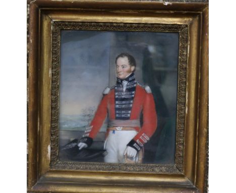 19th century English School, pastel portrait of an army officer, 24 x 21cm and a family coat of arms