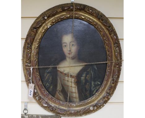 English School (18th Century), oil on canvas, Portrait of Queen Anne, oval, in carved giltwood frame, 38 x 31cm
