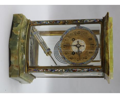 A French champleve inset ormolu and green onyx four glass mantel clock, c.1900, 10.75in.