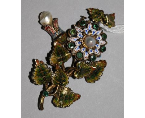 An Austro-Hungarian silver gilt (835) and enamel floral spray brooch, set two baroque pearls and small emeralds, 1920's impor