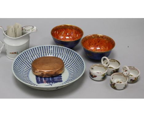A pair of Wedgwood humming bird lustre bowls, a copper snuff box and sundry ceramics