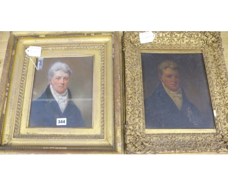 19th century English School, oil on mill-board, portrait of a gentleman, 27 x 22cm and a pastel portrait of the same gentlema