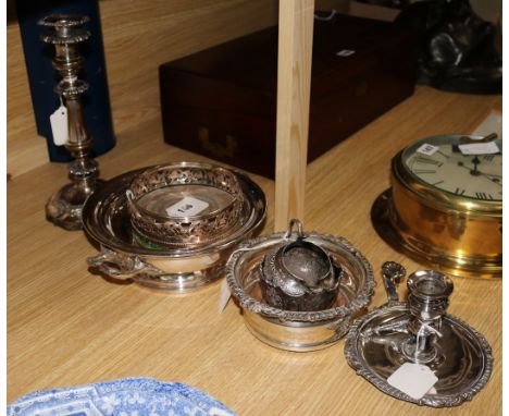 An embossed white metal cream jug, a Sheffield Plate chamberstick and sundry plate, including candlestick, wine coasters, etc