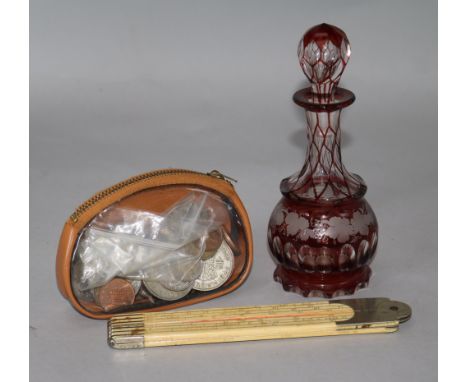 A ruby overlaid glass scent bottle, a Stephen Davy folding ruler and sundry coinage