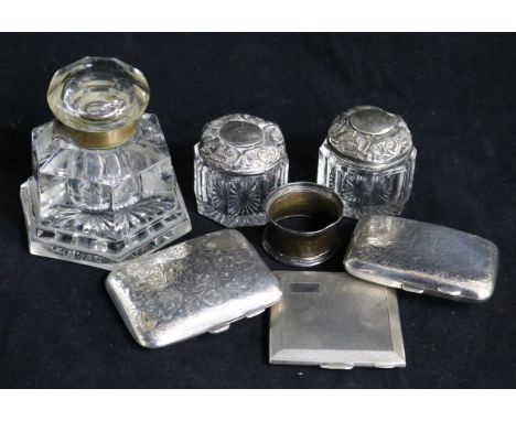 Three silver cigarette boxes, two jars, an inkwell and a napkin ring