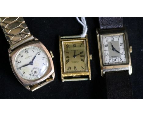 A gentleman's 1930's 9ct gold Titus manual wind rectangular cased wrist watch, one other 9ct gold watch and a gold plated wat