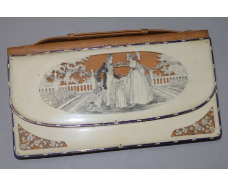 An Edwardian Regency style carved ivory and enamel purse