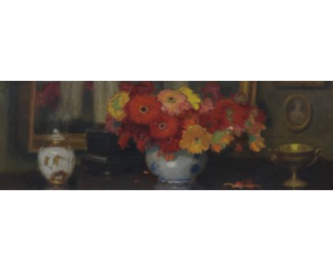 Polish School, oil on board, still life of flowers on a mantelpiece, indistinctly signed, 33 x 78cm