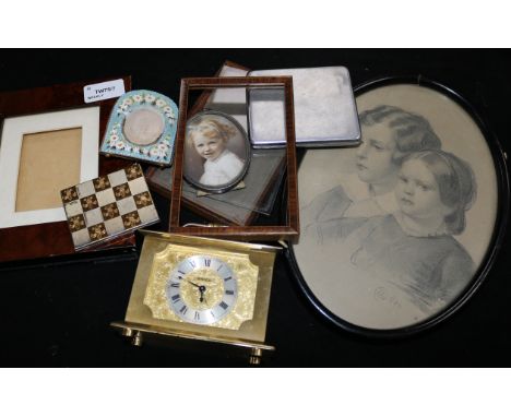 A gilt-metal and micromosaic small photograph frame, five other frames, various and sundries, including a Swiza gilt-brass al