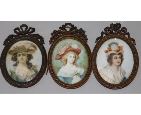 3 gilt metal framed portrait miniatures of elegant ladies