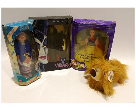 Mattel Disney Snow White &amp; Maleficent Dolls With Dopey and Sleepy Stackable Dolls and Dougal Plush Toy. Good within Fair 
