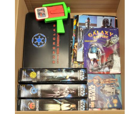 A selection of vintage and modern Star wars collectables including 12" modern figures x 3, Bootleg Boba Fett figure, Meccano 