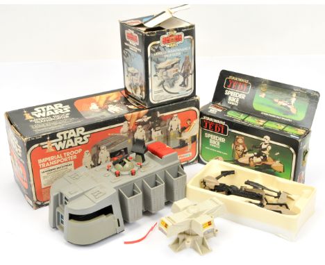 Kenner &amp; Palitoy Star Wars vintage vehicles x 3 including Palitoy Imperial Troop Transporter, Fair (broken battery cover 