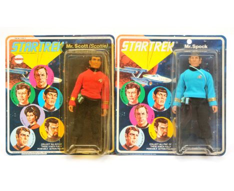 Mego Star Trek vintage Mr. Spock and Mr. Scott (Scottie) 8" figure, Excellent within Good Plus Packaging (Plastic has split o