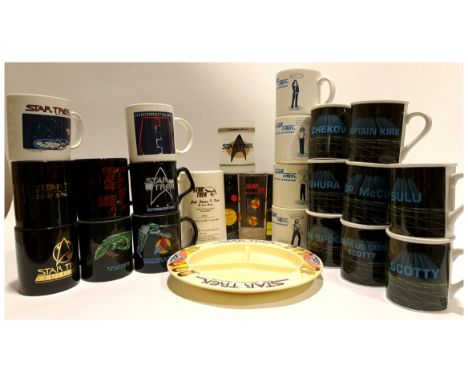 Quantity of Star Trek Collectibles Includes Mugs, Plate, Glasses and Pitcher. Fair to Good