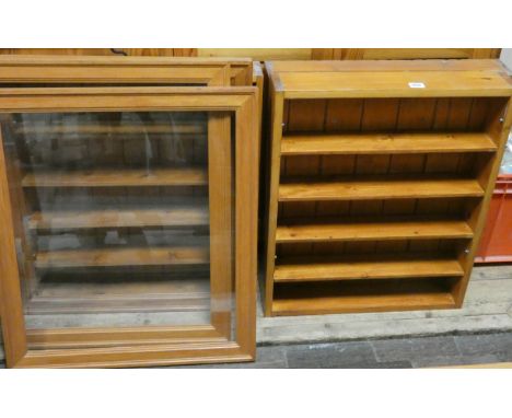 Three wall fixing pine shelf unit display cabinets with glazed perspex doors  each approx 26 inches x 22 inches