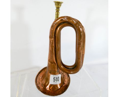 Boer interest - old copper and brass bugle engraved 'Captured in Boer Laarger, Rooival, A E Springate'. 21 cms high
