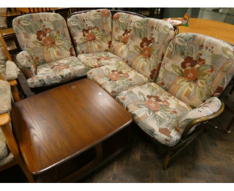 An Ercol dark wood framed corner settee unit, comprising three chairs and a corner seat with a matching two tier square coffe