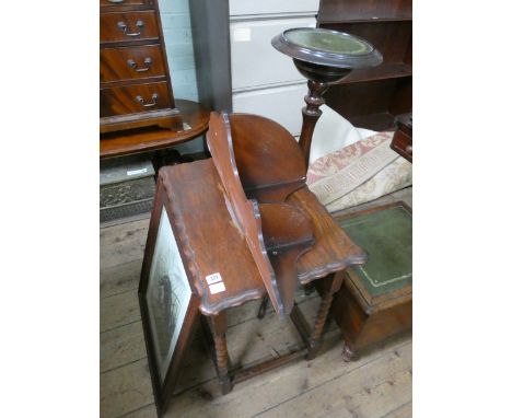 Oak barley twist occasional table, plant pedestal, picture of a dog and a corner shelf unit 