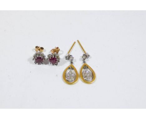 Pair of ruby heart shaped cluster ear studs on 9ct gold posts and a pair of 18ct gold modern drop earrings set with pave diam