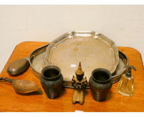 Two plated trays, copper scoops, brass vases powder flask etc 