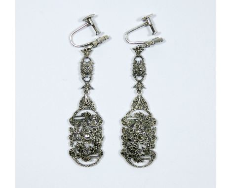 A pair of Art Deco silver and marcasite drop earring with vintage screw fittings