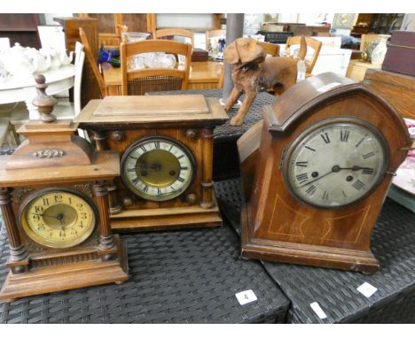 An oak cased bracket clock, two others and a mantel clock 