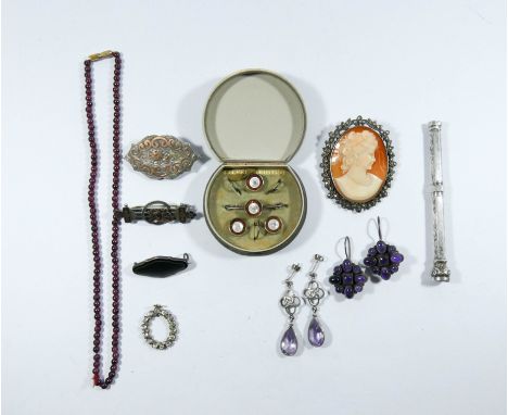 Two pairs of amethyst earrings, Victorian silver and gold brooches, marcasite framed cameo, shirt studs etc