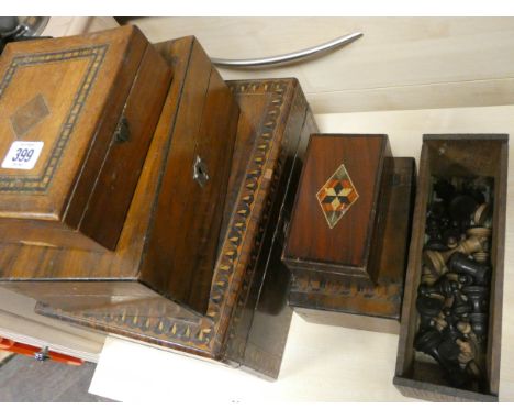 Victorian inlaid box, four other and chess pieces 